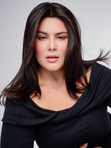 Model is wearing HD 14IN AU NATUREL TOPPER in color R2/4 | Darkest Brown and Dark Brown Blend