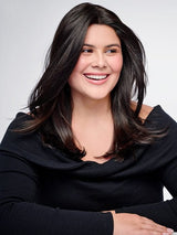 Model is wearing HD 14IN AU NATUREL TOPPER in color R2/4 | Darkest Brown and Dark Brown Blend