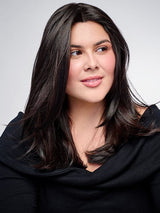 Model is wearing HD 14IN AU NATUREL TOPPER in color R2/4 | Darkest Brown and Dark Brown Blend