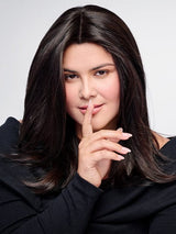 Model is wearing HD 14IN AU NATUREL TOPPER in color R2/4 | Darkest Brown and Dark Brown Blend