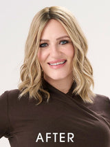 Model is wearing BARELY THERE WAVY 12" TOPPER in color PROSECCO | BROWN ROOTS WITH GOLDISH BLONDE HIGHLIGHTS