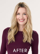 Model is wearing BARELY THERE WAVY 16" in color PROSECCO | BROWN ROOTS WITH GOLDISH BLONDE HIGHLIGHTS